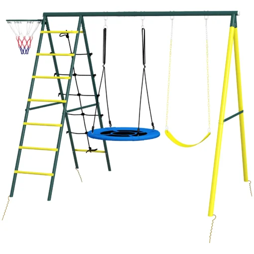 Vaikų žaidimų aikštelė su 2 sūpynėmis, krepšinio lanku, laipiojimo kopėčiomis, skirtos 3-8 metų vaikams