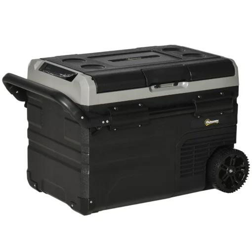 Automobilinis šaldytuvas 40L su LED apšvietimu, kompresorinis automobilinis šaldytuvas, transportavimo ratukai, 12/24V DC ir 110-240V AC, pilka+juoda