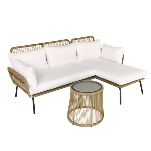 3 dalių rotango sodo baldų komplektas, 2 vietų sofa su šezlongu ir staliuku