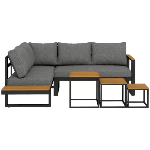 5 dalių lauko baldų komplektas su kampine sofa, kavos staliuku, pagalvėlėmis, pilka spalva