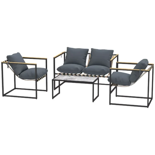 "Outsunny" plieninių sodo baldų komplektas 4 asmenų oro sąlygoms atsparus balkono baldų komplektas su 2 vietų sofa, 2 foteliais, sėdynių pagalvėlėmis, staliuku, lauko sėdimųjų vietų grupe, terasos baldų sodo komplektas, skirtas sodo terasai, balkonui, pilkos spalvos