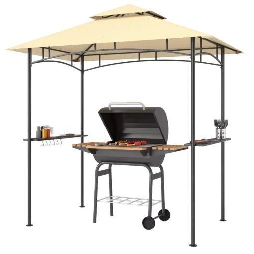 "Outsunny" BBQ pavėsinė su LED 240 x 150 x 258 cm vandens nepraleidžianti liepsnai atspari sodo pavėsinė su dvisluoksniu stogu, šoninėmis lentynomis, pavėsinės su apsauga nuo UV spindulių, BBQ pavėsinė vakarėliams BBQ Beige