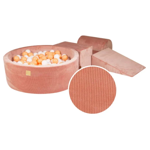 Putų 3 elementų žaidimų rinkinys su kamuoliukų duobe 90x30 cm ir 200 kamuoliukų Sertifikuota, aksominis velvetas, abrikosinė spalva, kamuoliukai: balti, oranžiniai