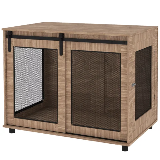 "PawHut" šuns narvo baldai, narvas šunims su 2 rakinamomis durelėmis, šoninis staliukas namams, namas dideliems šunims iki 30 kg, plienas, 98 x 60 x 78 cm, graikinis riešutas