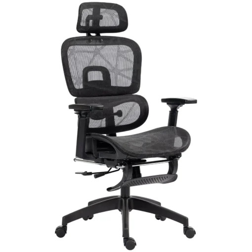 Ergonomiška biuro kėdė su porankiu, galvos atlošu, juosmens atrama, su supimo funkcija, atsilenkimo funkcija, juoda