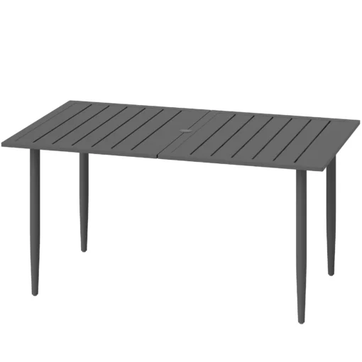 Outsunny sodo stalas 150x90cm, oro sąlygoms atsparus balkono stalas iš plieno, balkono stalas su skyle skėčiui su skersiniu dizainu lauko kempingo stalas, stačiakampio formos terasos stalas sodo balkonui juodas