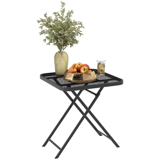 Outsunny sulankstomas sodo stalas 70x70 cm, oro sąlygoms atsparus balkono stalas plieninis sulankstomas stalas su raižytu dizainu, lauko valgomojo stalas, kvadratinis šoninis staliukas, terasos stalas sodui, terasai, balkonui juodas