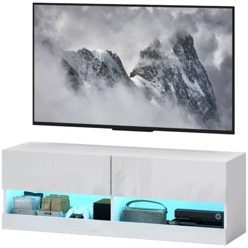 Sieninė TV spintelė su spalvotu LED apšvietimu, 120 x 35 x 40,5 cm, blizgi balta