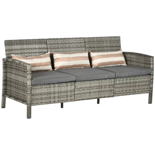 Rotango sodo sofa trivietė su pagalvėlėmis, plienas, pilka, 173 x 68 x 78 cm