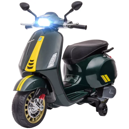 Vaikiškas elektrinis motociklas, 6 V su MP3, USB, FM radiju, LED žibintais, mokomaisiais ratais, 3 km/h, 3-6 metų vaikams, tamsiai žalias
