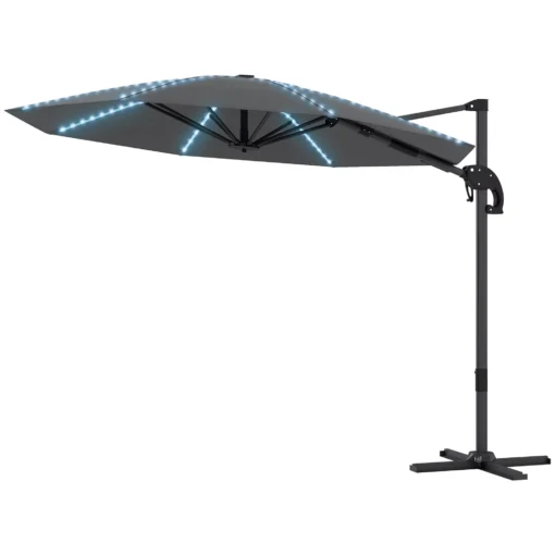 Outsunny konsolinis skėtis nuo saulės LED Solar Ø300cm reguliuojamo aukščio skėtis nuo saulės su rankena, stovu UV50+ atsparus vandeniui 360° besisukantis skėtis nuo saulės palenkiama sodo pavėsinė sodui, balkonui tamsiai pilka