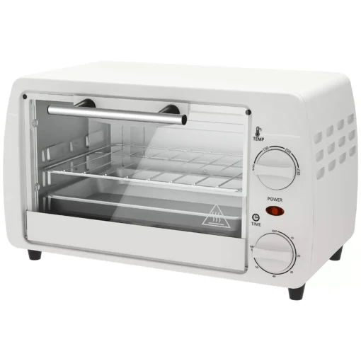 HOMCOM Mini orkaitė 10 litrų 750 W Maža elektrinė orkaitė su temperatūra iki 230 ℃ Laikmatis 60 minučių Kepimo skardos ir lentynos 36,5x26x22 cm Kreminė balta