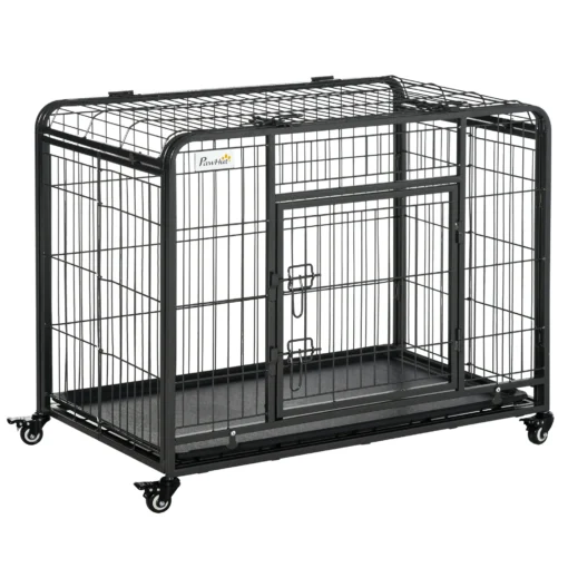 Sulankstomas transportavimo narvas šunims su ratukais, 2 rakinamos durelės, metalas, pilka+juoda, 94x58x69,5 cm