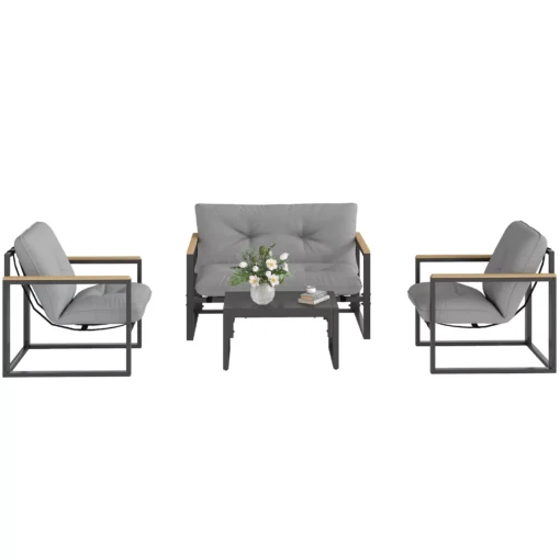Outsunny sodo baldų komplektas 4 asmenims, atsparus oro sąlygoms, balkono baldų komplektas su 2 vietų sofa, foteliu, sėdimomis pagalvėmis, šoniniu staliuku, lauko sėdimųjų baldų grupe, terasos baldais, sodo poilsio zona, šviesiai pilka