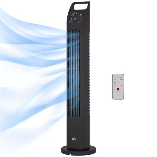 HOMCOM bokštinis ventiliatorius, pastatomas ventiliatorius su 3 režimais, nuotolinio valdymo pulteliu, 50W ventiliatorius su 4H laikmačiu, 75° svyravimu, miegamajam, juodas