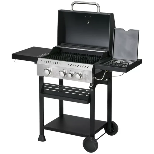 Outsunny dujinis grilis 3 KW 3+1 degiklis, nerūdijančio plieno BBQ grilio vežimėlis, su šoniniu degikliu, termometru, grotelėmis, virykle, butelių atidarytuvu, šoninėmis lentynomis, balkonui, kempingui, 123 x 52 x 101 cm