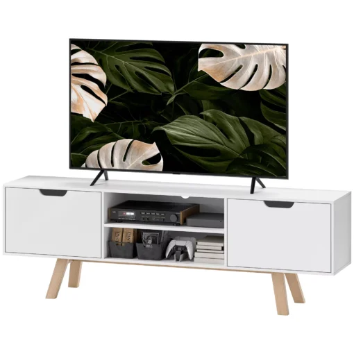 TV Spintelė su 2 Spintelėmis ir Lentynomis | TV Staliukas Televizoriams iki 65 Colių, Skirtas Svetainei, 150 x 39 x 50 cm, Balta