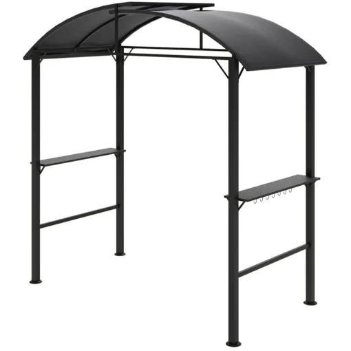 "Outsunny" grilio paviljonas 233 x 110 x 235 cm vėjo nepraleidžiantis sodo paviljonas su dvigubu stogu, lentynos, pavėsinės su apsauga nuo UV spindulių, plieninis BBQ paviljonas, sodo palapinė grilio palapinė vakarėliams, tamsiai pilka