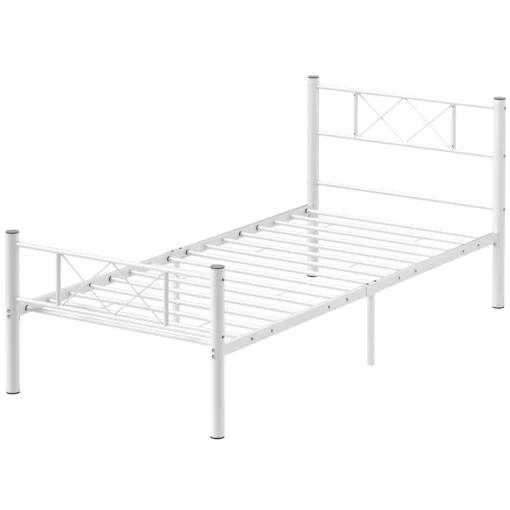 HOMCOM Lovos rėmas čiužiniui 200 x 90 cm, lovos rėmas 88 cm aukščio viengulės lovos rėmas, pagamintas iš plieno, skirtas miegamajam, svečių kambariui, baltas
