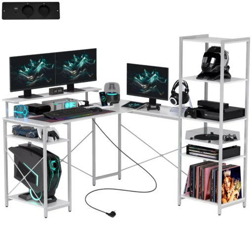 HOMCOM rašomasis stalas, L formos žaidimų stalas su lentyna, kompiuterio stalas su monitoriaus stovu, lizdu, USB įkrovimo prievadu kampinis stalas namų biurui, miegamajam, 137 x 140 x 139,5 cm baltas