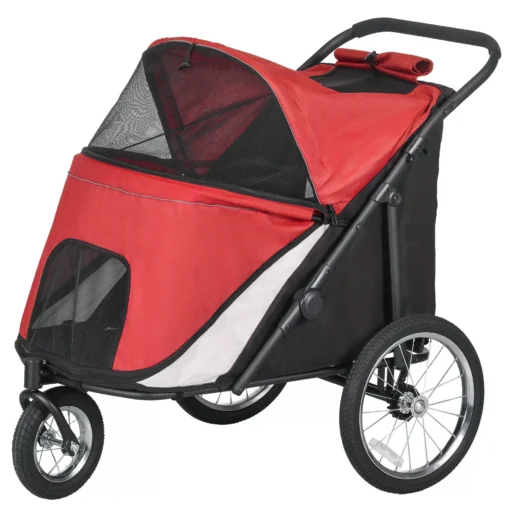 PawHut sulankstomas vežimėlis šunims/katėms su tinklelio langais, saugos pavadėliu, dideliais guminiais ratais, vidutiniams ir dideliems šunims iki 30 kg, Oksfordo audinys, raudonas