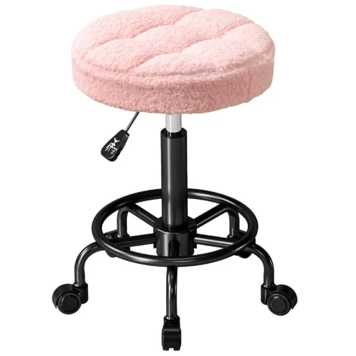 HOMCOM taburetė su ratukais, reguliuojamo aukščio 50-66 cm, besisukanti 360°, biuro taburetė, kėdė biurui, salonui, masažo kabinetui, spa, rožinė