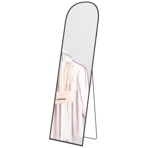 HOMCOM viso veidrodis 169 x 49 cm, lenktas pastatomas veidrodis su nedūžtančiu stiklu ir aliuminio rėmu, prie sienos atremiamas, statomas veidrodis svetainei, miegamajam, prieškambariui, juodas