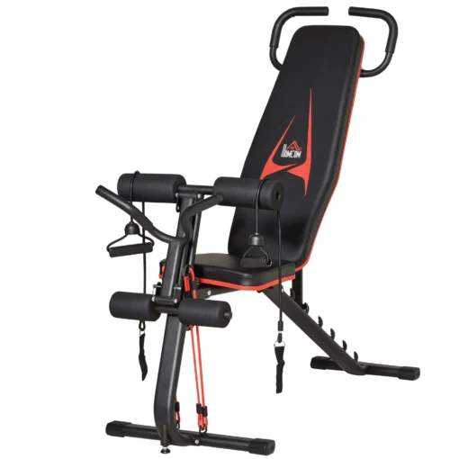 Daugiafunkcinis treniruočių suoliukas su elastine virve iki 150 kg, 145 x 49 x 57-127 cm