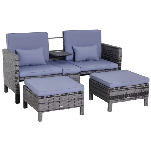 3 dalių sodo baldų komplektas - pilka 2 vietų sofa, 2 x taburetės pagalvėlės