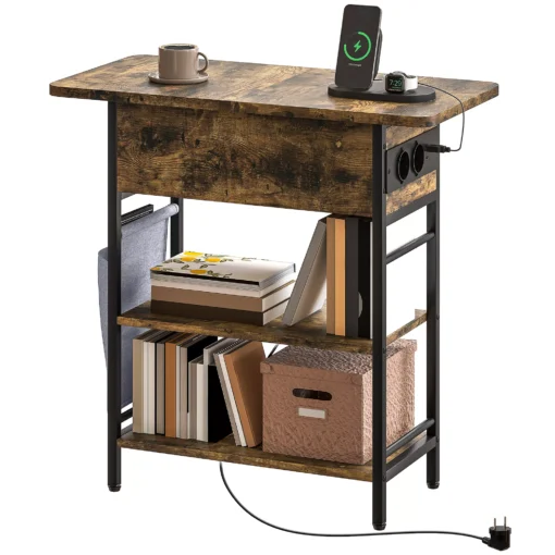 HOMCOM Pagalbinis staliukas Naktinis staliukas su elektros lizdu, 2 lentynomis, USB jungtimis, laikymo vieta 60 x 29,8 x 58,5 cm Ruda