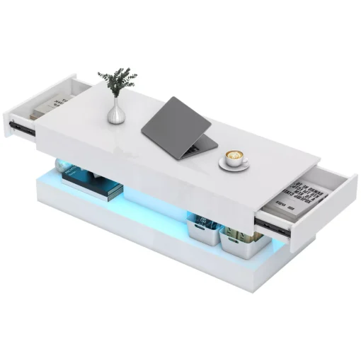 HOMCOM svetainės staliukas su stalčiais ir LED apšvietimu, modernus svetainės staliukas su atvira lentyna, kavos staliukas, medžio drožlių plokštė, balta