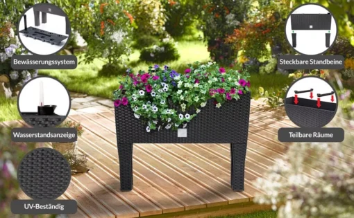 Pašostas paaugštināts puķu podu statīvs antracīta krāsā 60x25x46cm rotangpalmas dizains