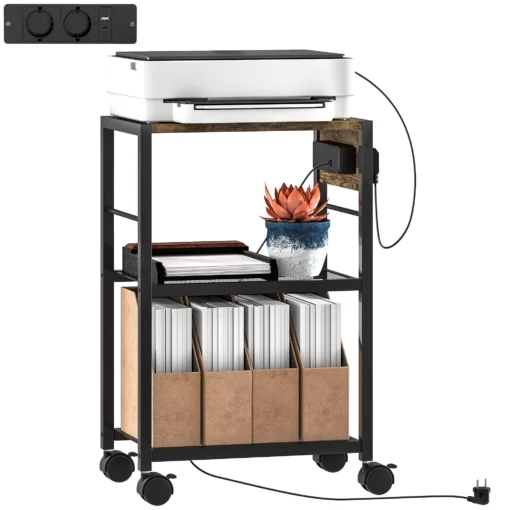 HOMCOM spausdintuvo stovas su ratukais, elektros lizdais, USB ir USB-C jungtimis, iki 40 kg, rudimentinai rudas